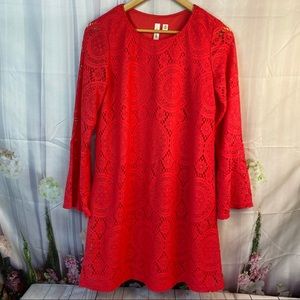 Tacera Red Lace Body Lined Bell Sleeve Dress